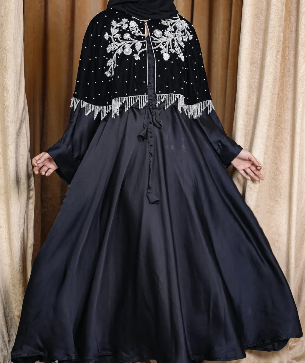 Black Velvet Silver Embroidered Cape - Veil of the Essence
