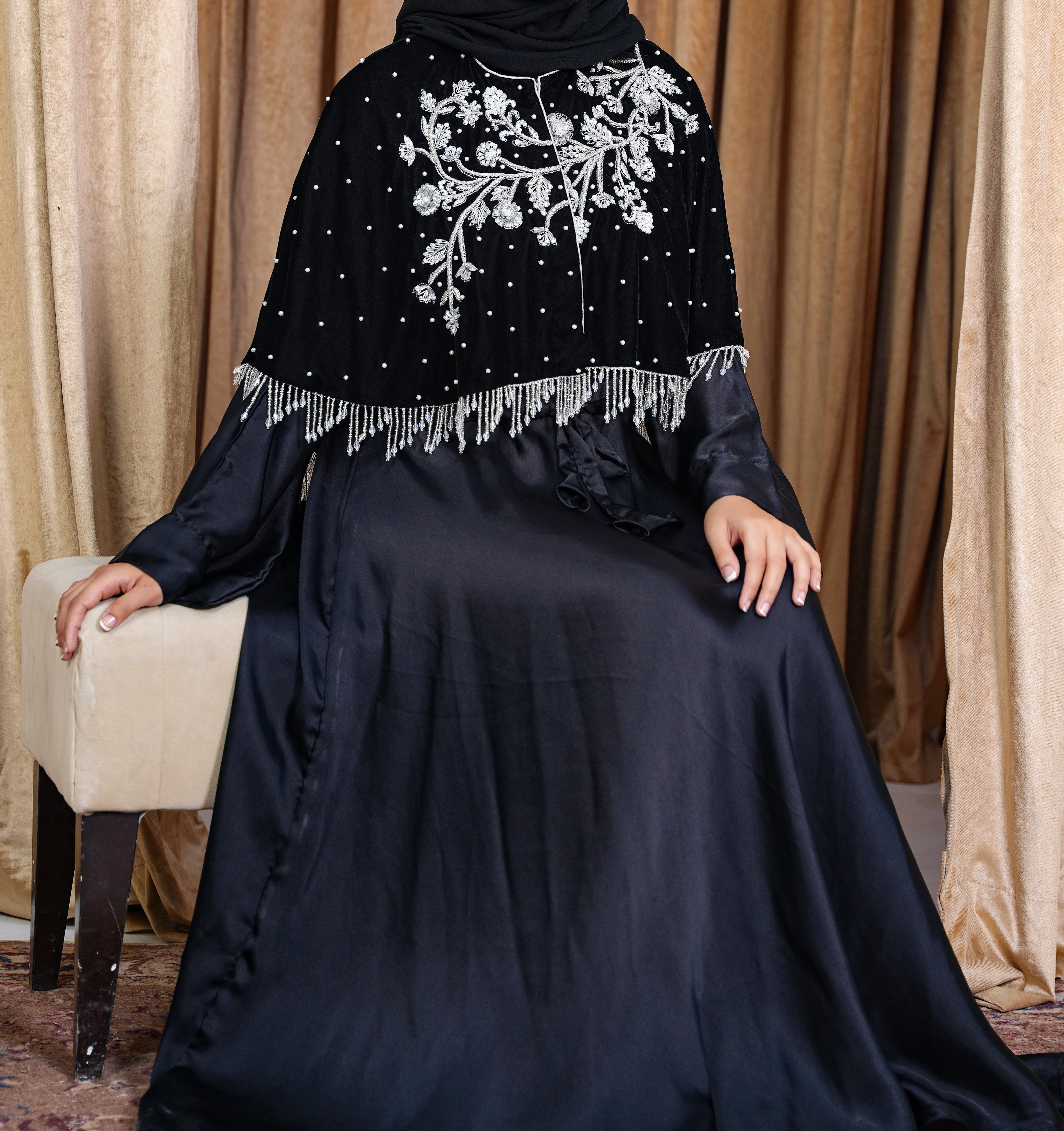 Silver Embroidered Black Velvet Cape