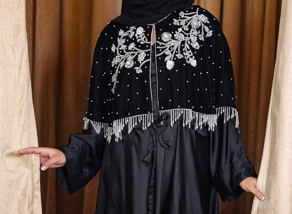 Silver Embroidered Black Velvet Cape