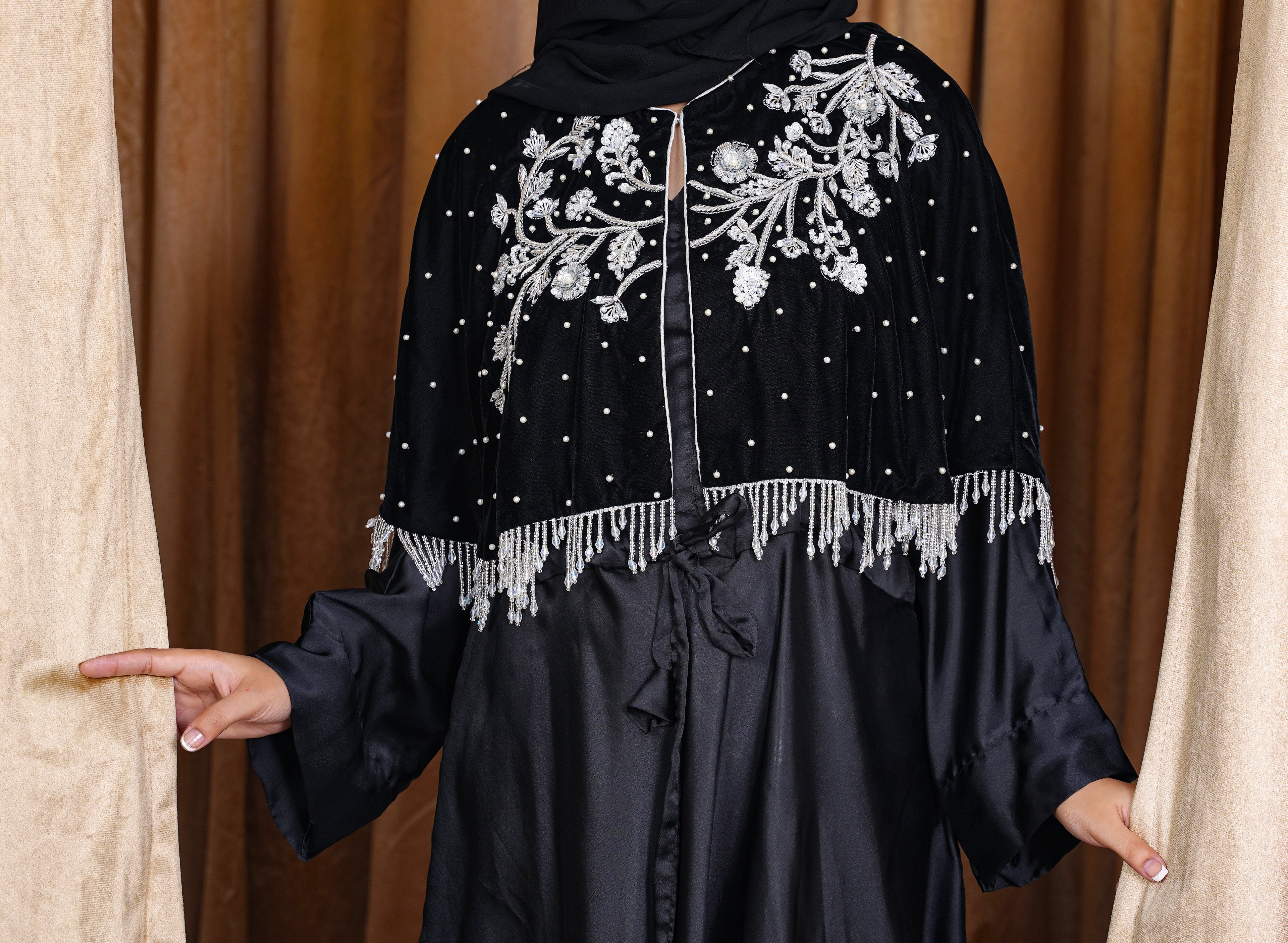 Silver Embroidered Black Velvet Cape