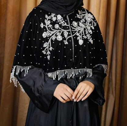 Silver Embroidered Black Velvet Cape