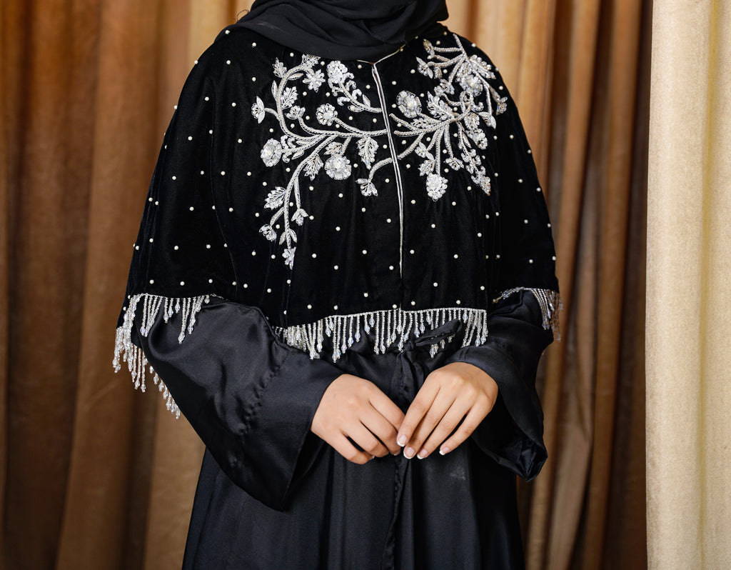 Silver Embroidered Black Velvet Cape