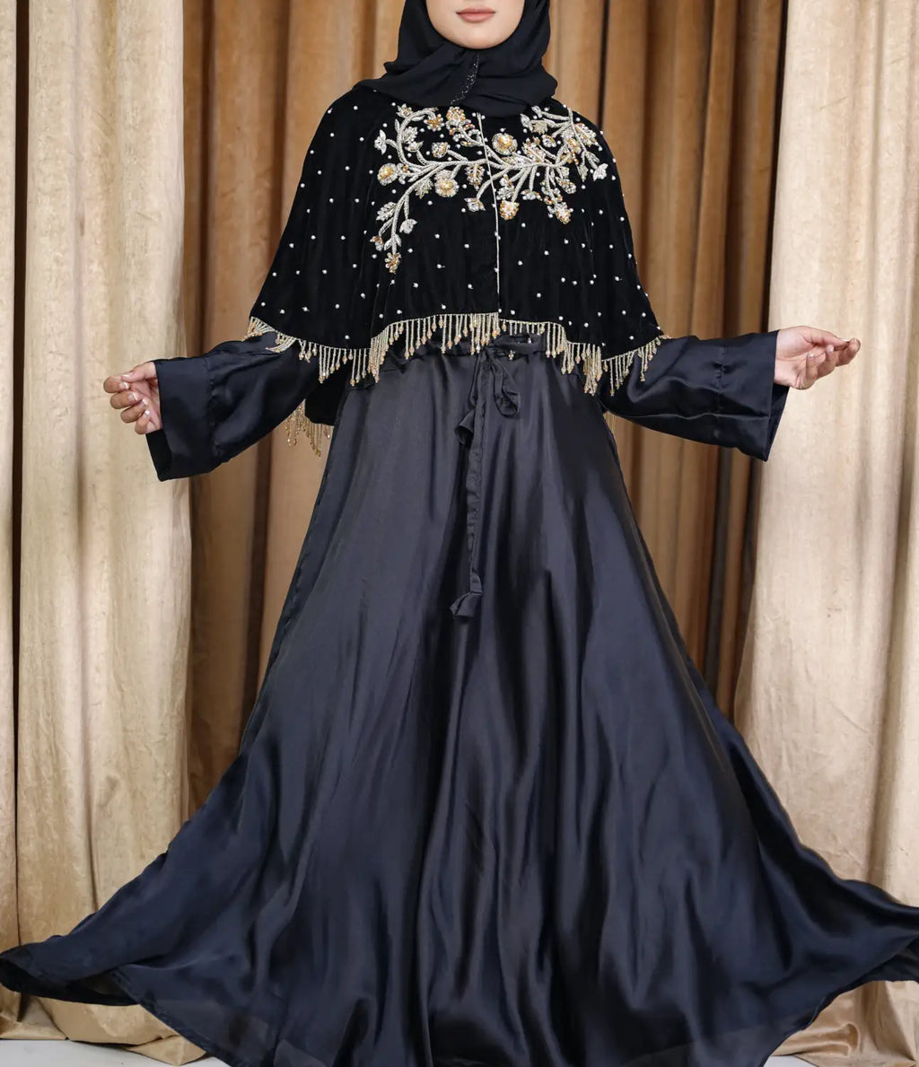 Black Velvet Gold Embroidered Cape - Veil of the Essence