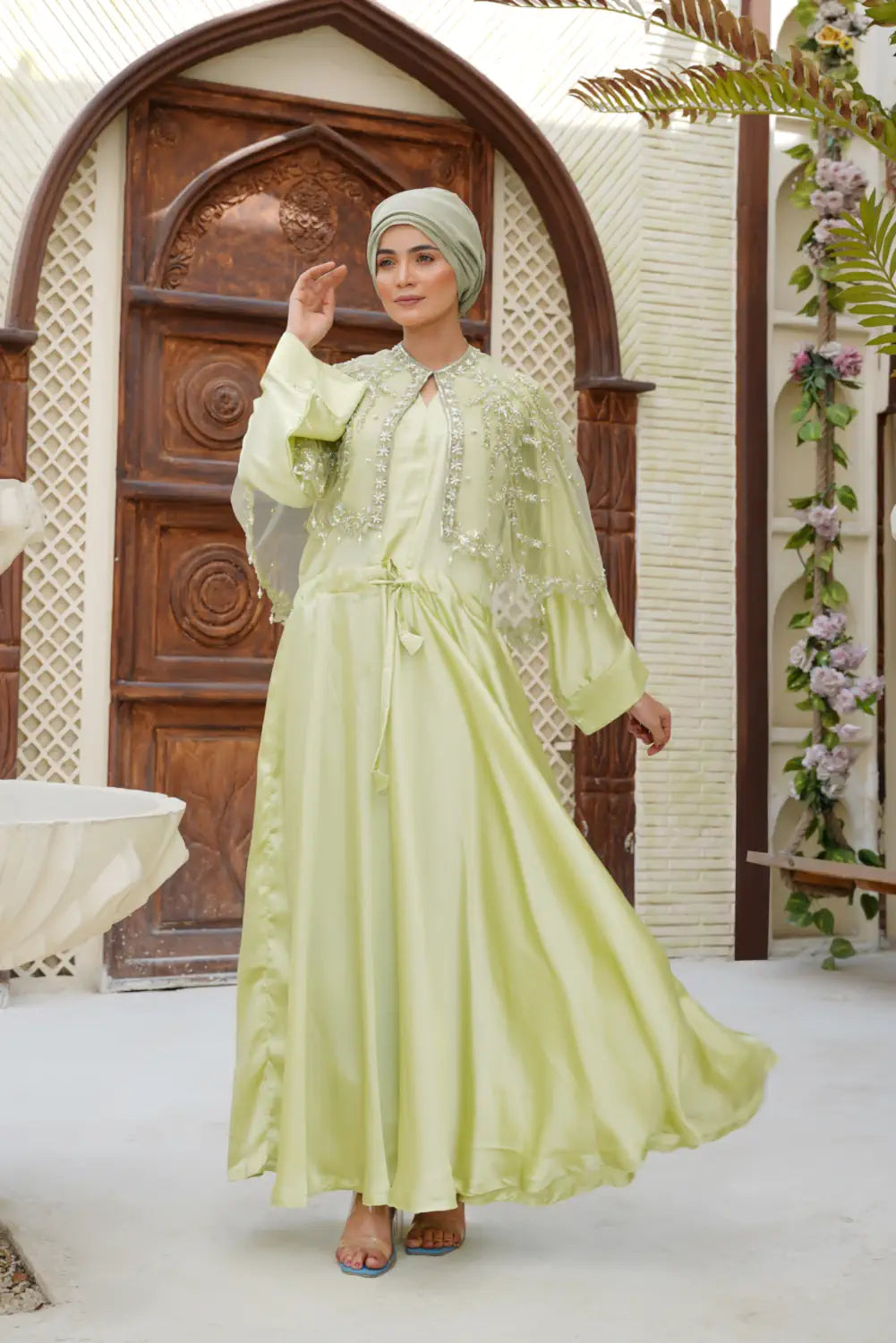 Pistachio Grove Abaya & Cape Set - Veil of the Essence