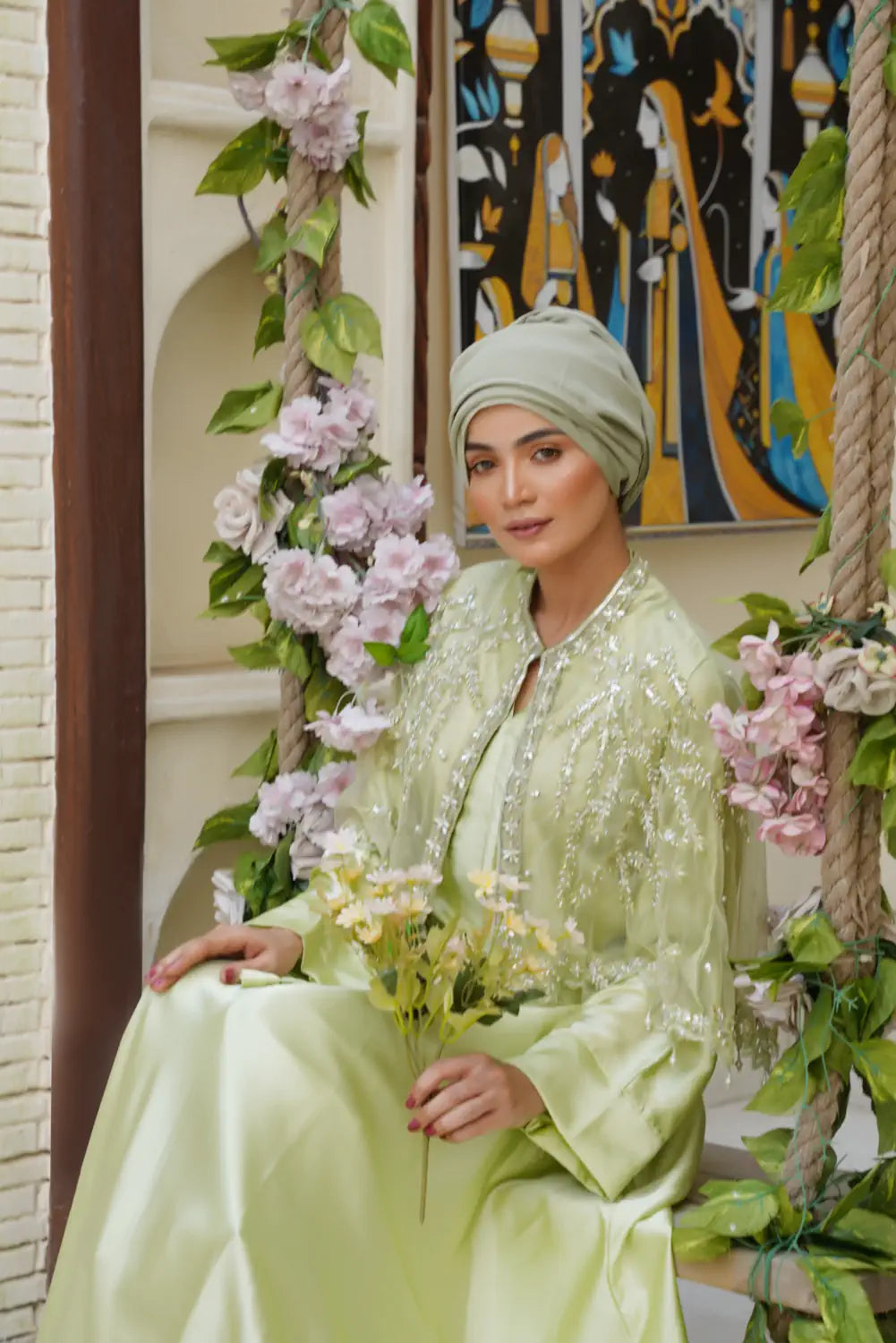 Pistachio Grove Abaya & Cape Set - Veil of the Essence