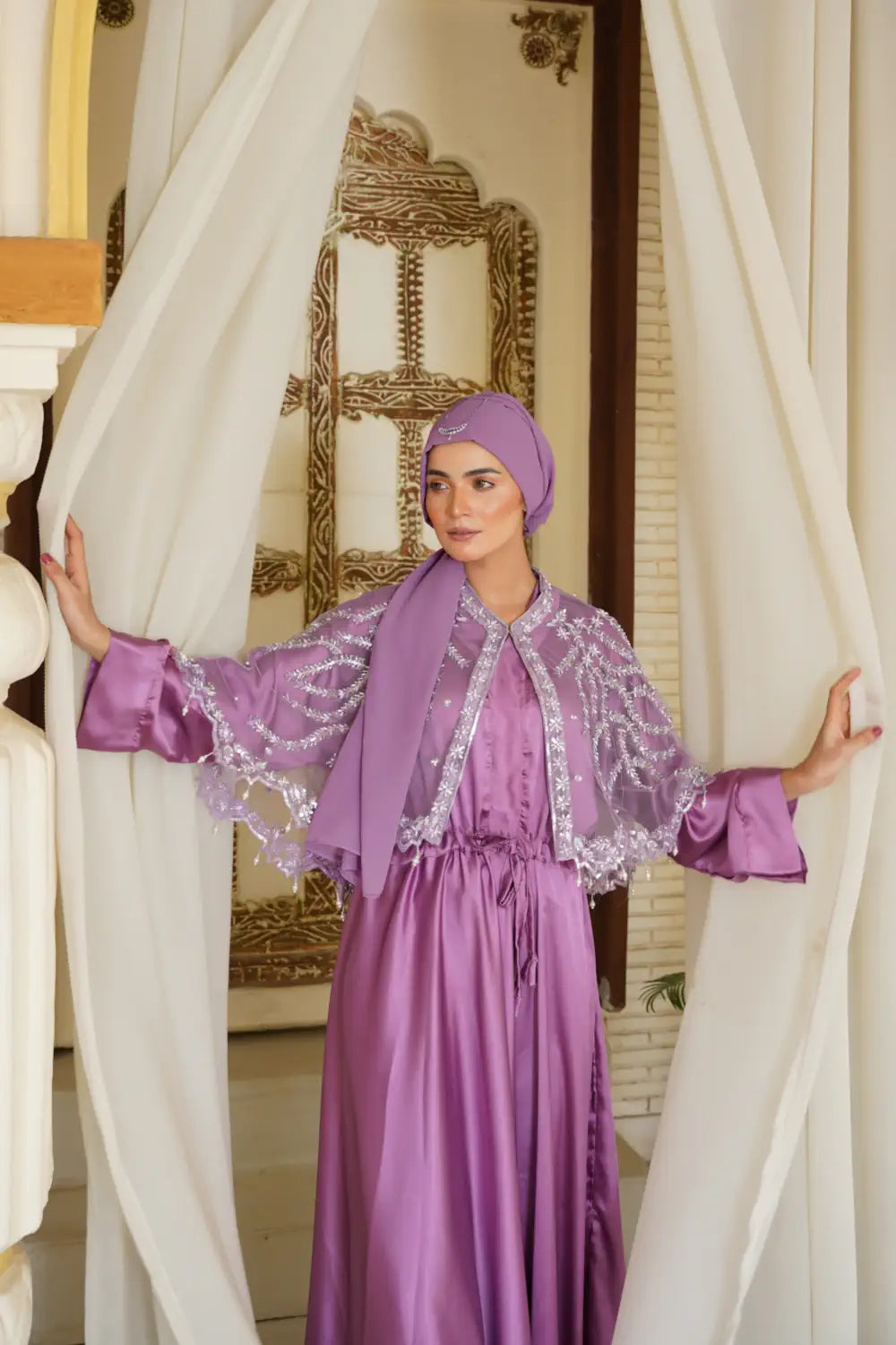 Rose Night Abaya & Cape Set - Veil of the Essence